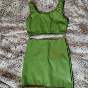 Green Faux Leather 2 Piece Y2K Crop Top & Pencil Skirt